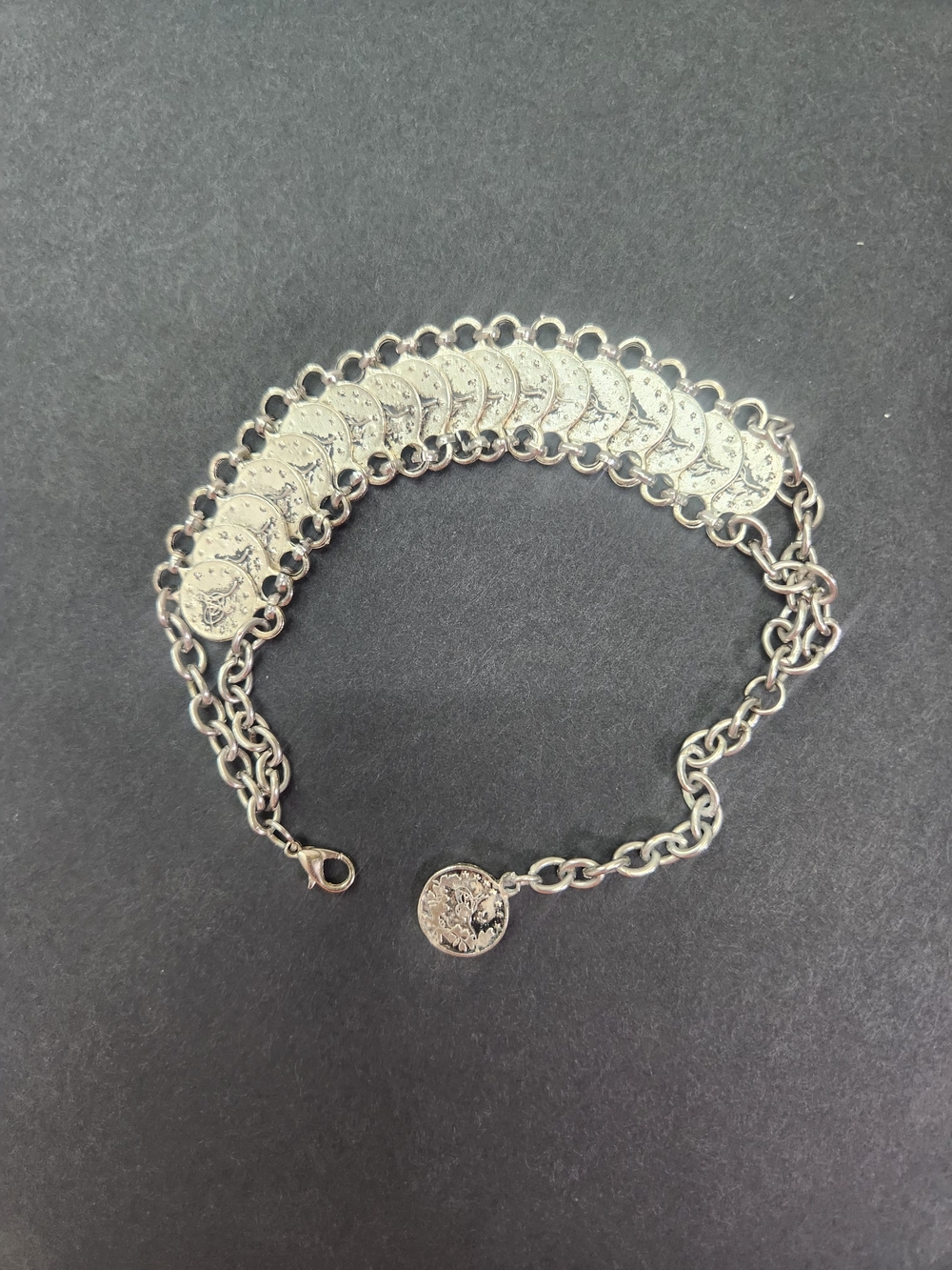 Vintage Silver-Tone Coin Charm Bracelet with Ottoman-Style Tughra Motifs
